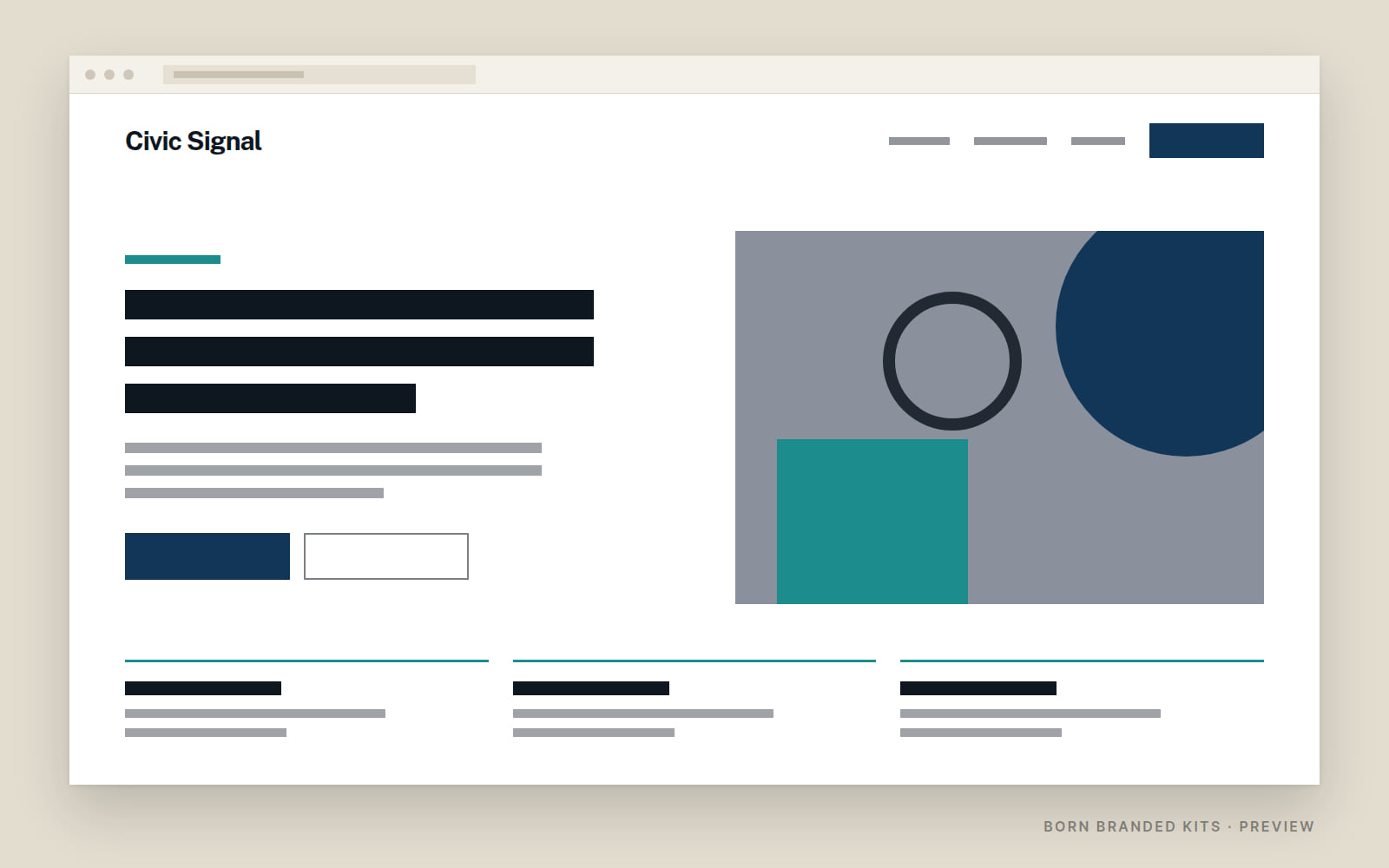 Preview: a one-page website layout in Civic Signal's colors, with placeholder text