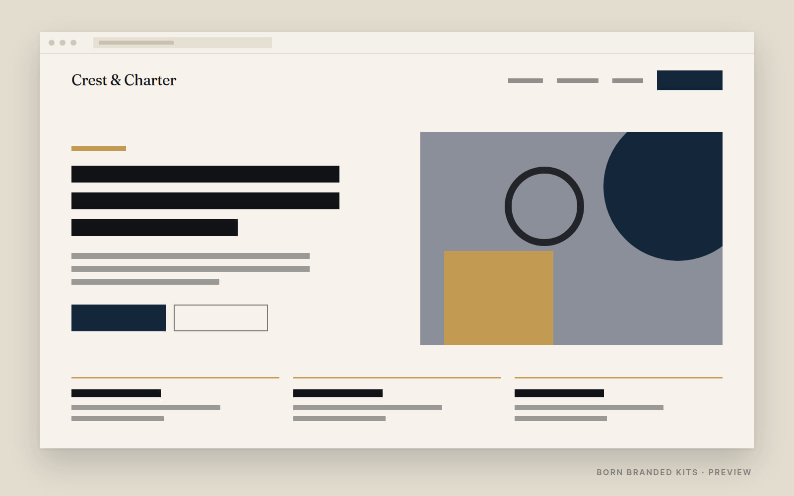 Preview: a one-page website layout in Crest & Charter's colors, with placeholder text