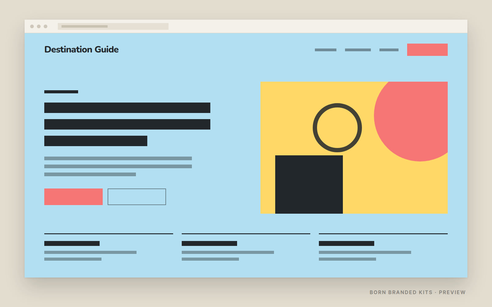 Preview: a one-page website layout in Destination Guide's colors, with placeholder text