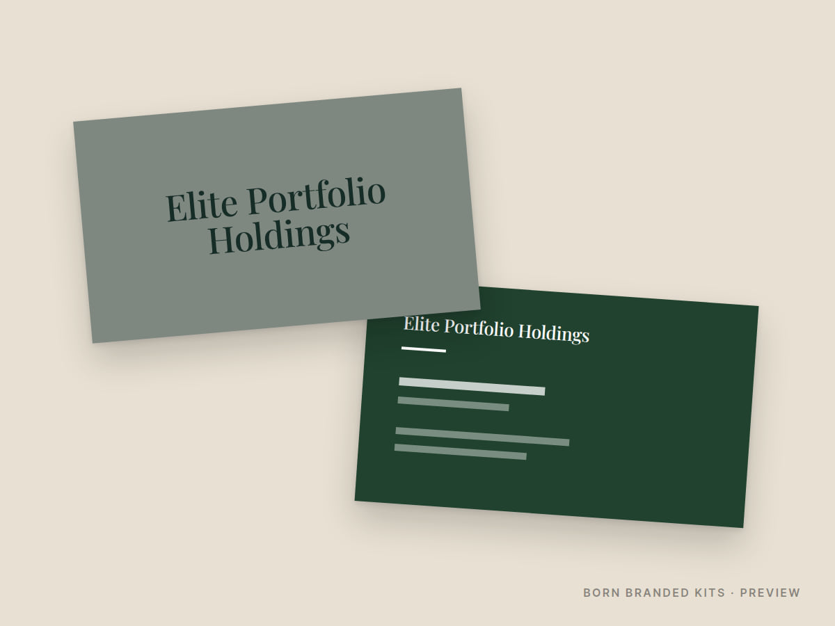 Preview: Elite Portfolio Holdings business cards, front and back, with placeholder text