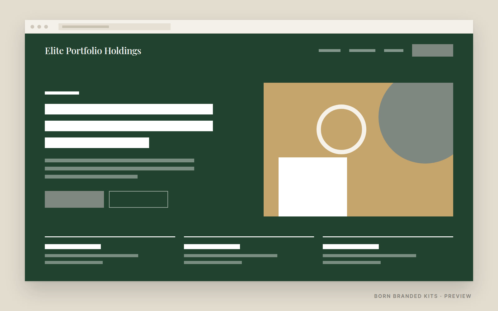 Preview: a one-page website layout in Elite Portfolio Holdings's colors, with placeholder text