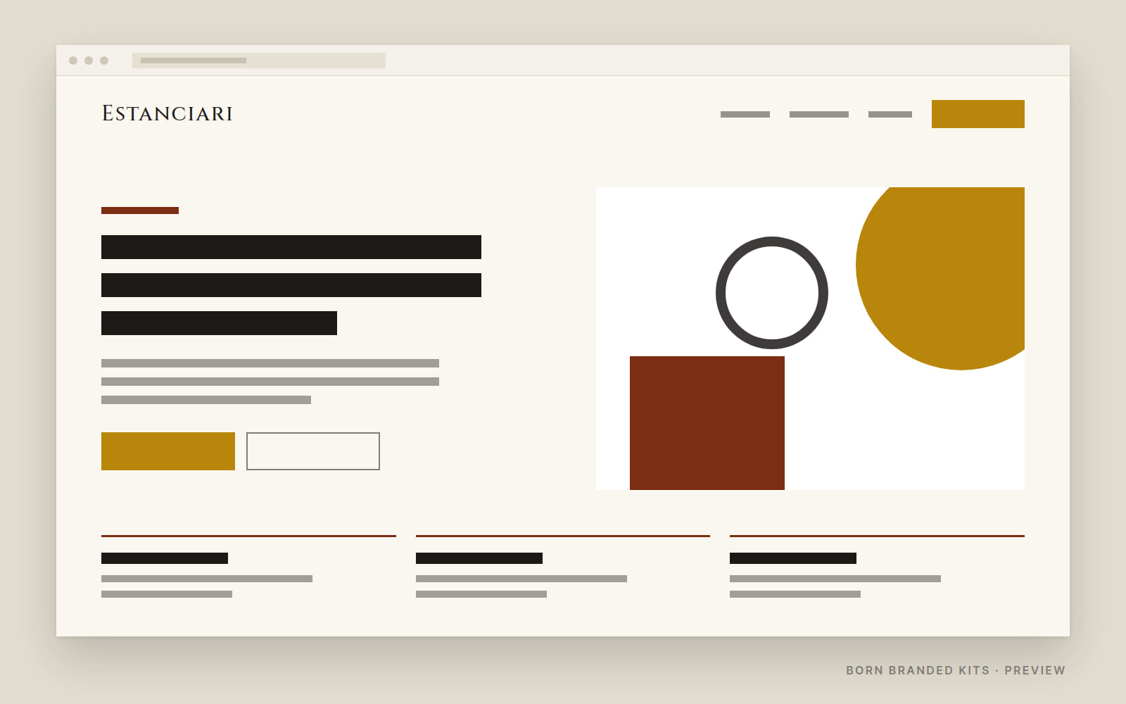 Preview: a one-page website layout in Estanciari's colors, with placeholder text