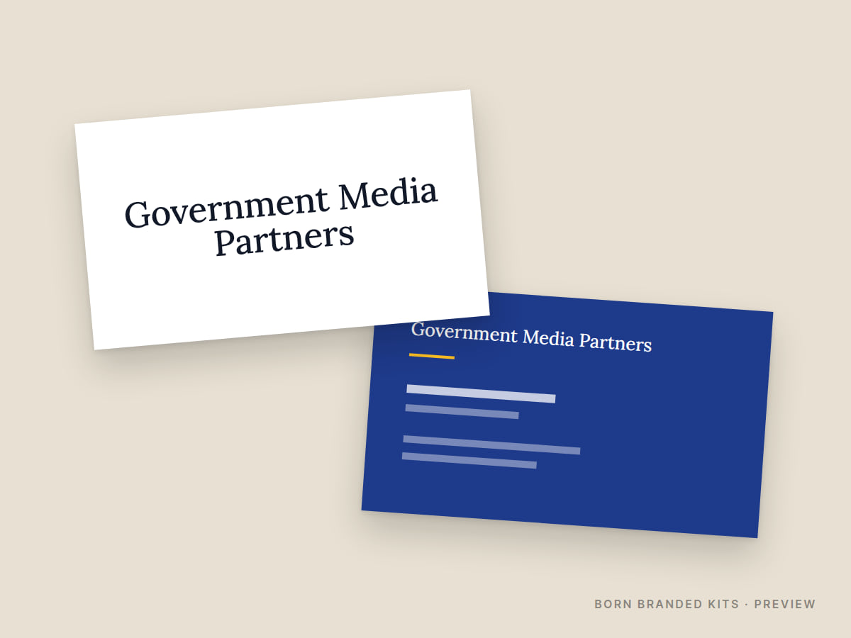 Preview: Government Media Partners business cards, front and back, with placeholder text