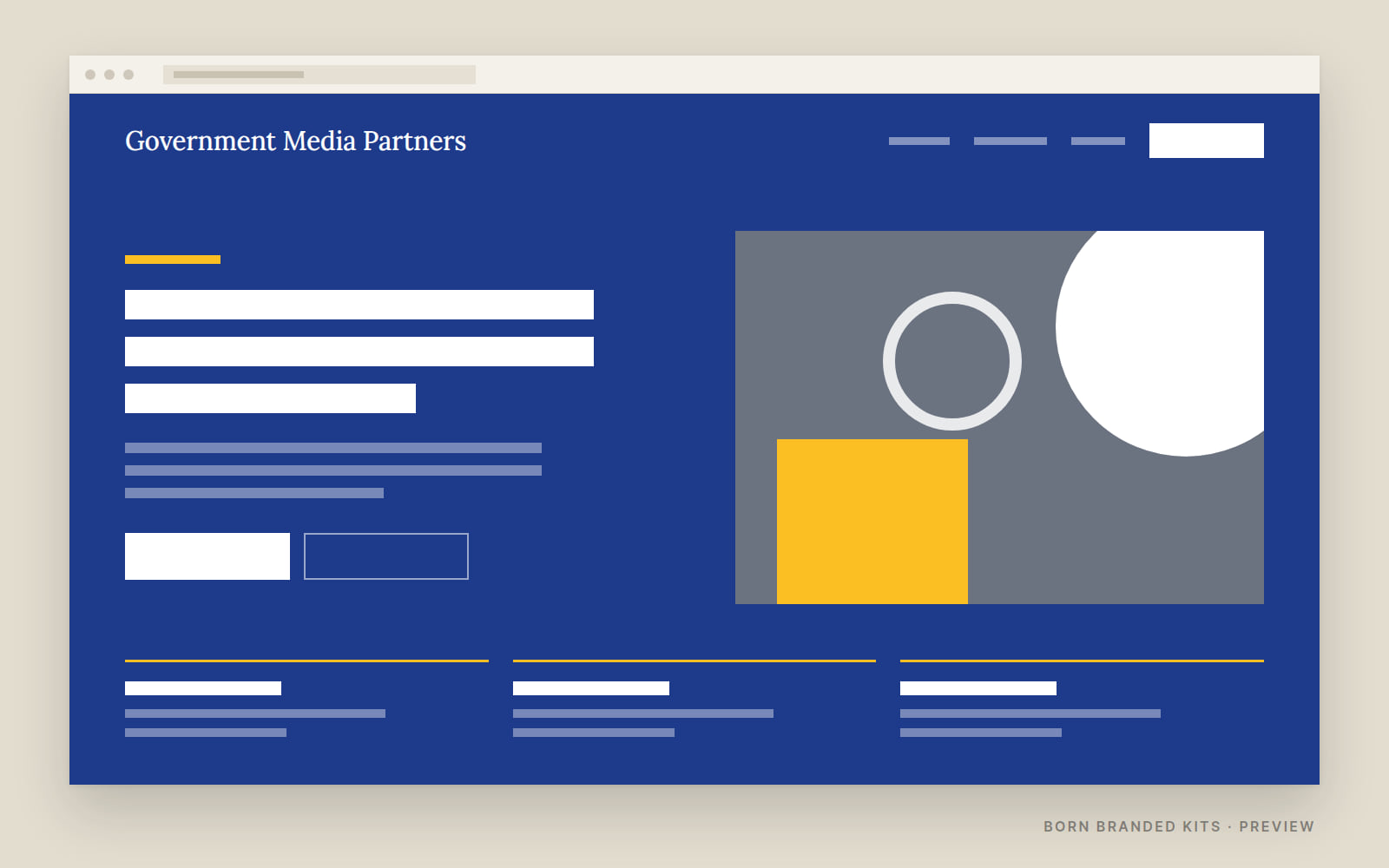 Preview: a one-page website layout in Government Media Partners's colors, with placeholder text