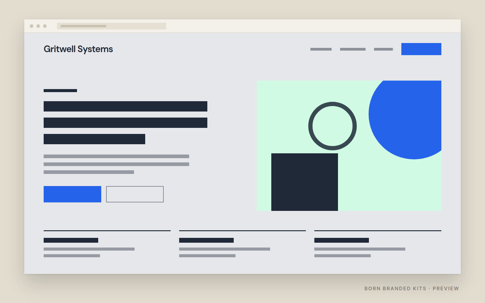 Preview: a one-page website layout in Gritwell Systems's colors, with placeholder text