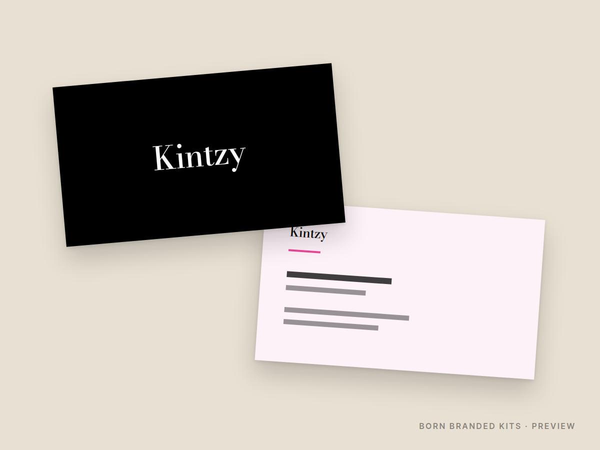 Preview: Kintzy business cards, front and back, with placeholder text