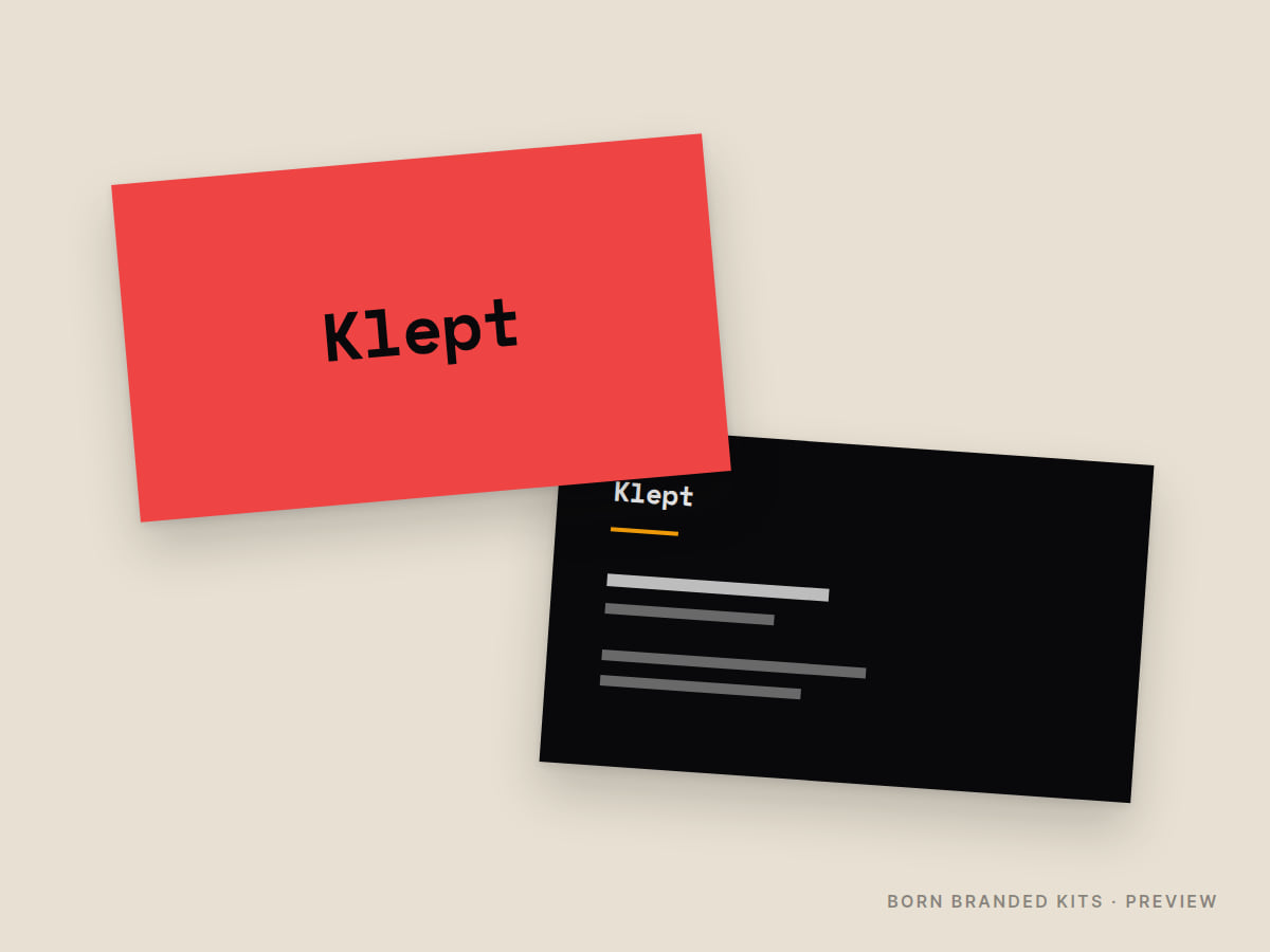 Preview: Klept business cards, front and back, with placeholder text