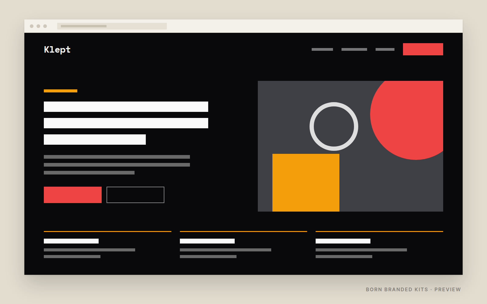 Preview: a one-page website layout in Klept's colors, with placeholder text