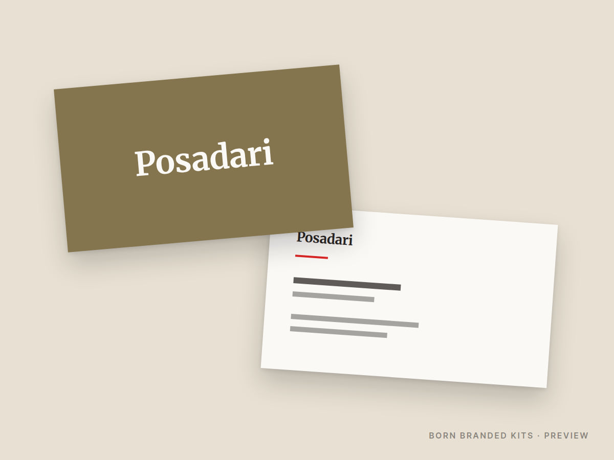 Preview: Posadari business cards, front and back, with placeholder text