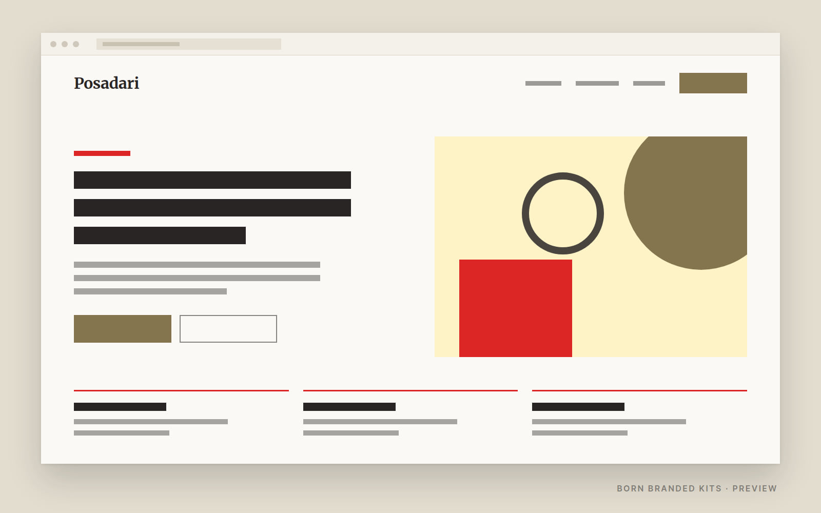 Preview: a one-page website layout in Posadari's colors, with placeholder text