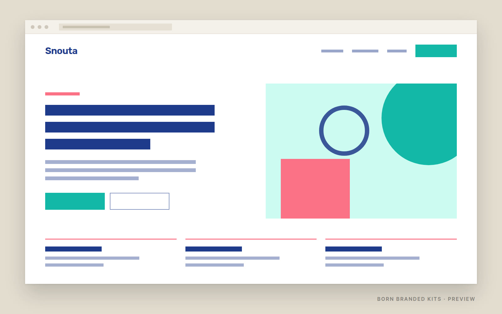 Preview: a one-page website layout in Snouta's colors, with placeholder text