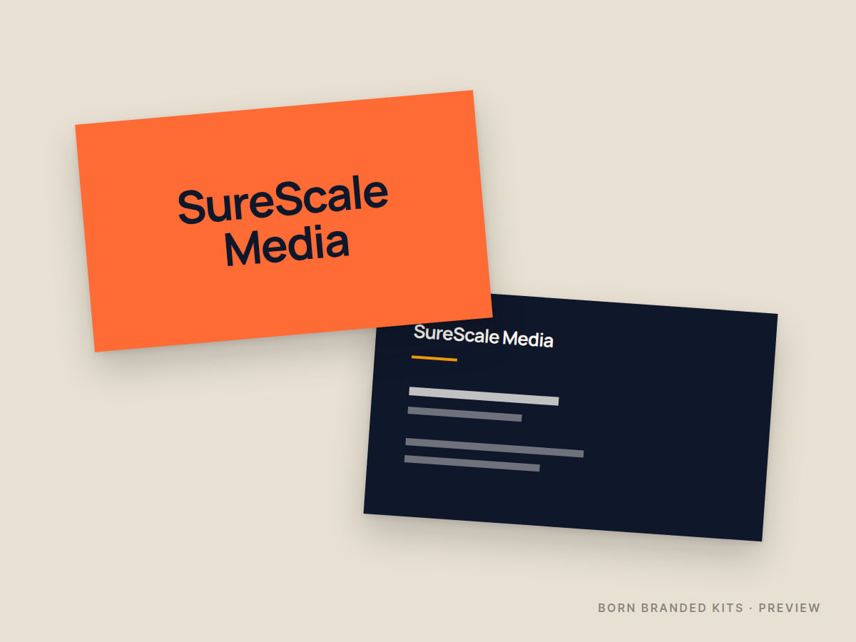 Preview: SureScale Media business cards, front and back, with placeholder text