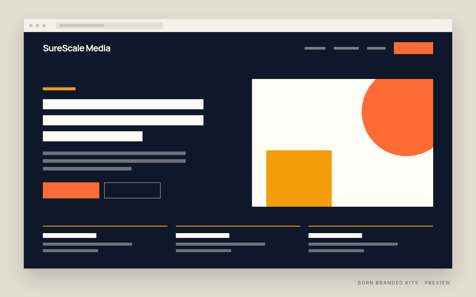 Preview: a one-page website layout in SureScale Media's colors, with placeholder text