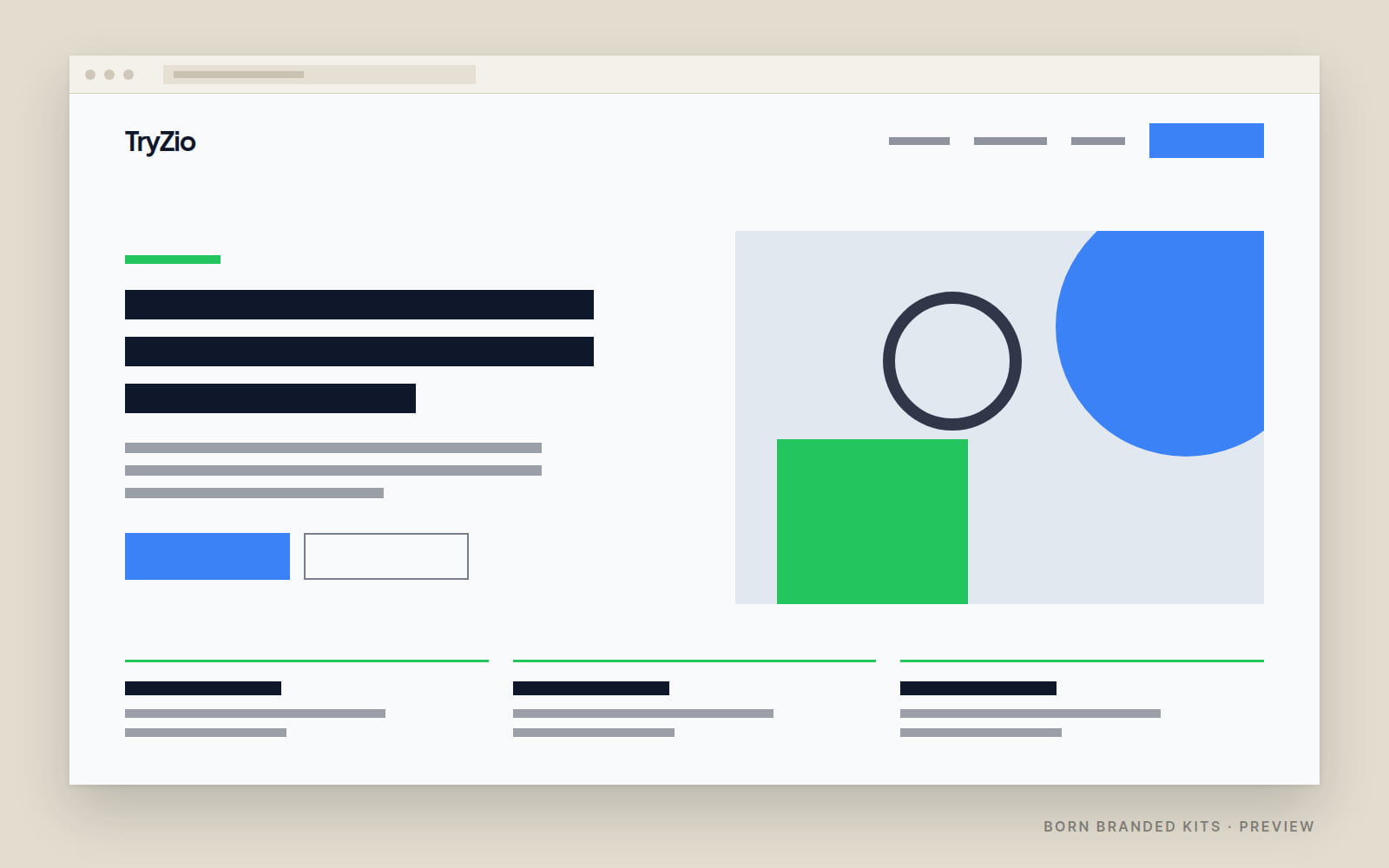 Preview: a one-page website layout in TryZio's colors, with placeholder text