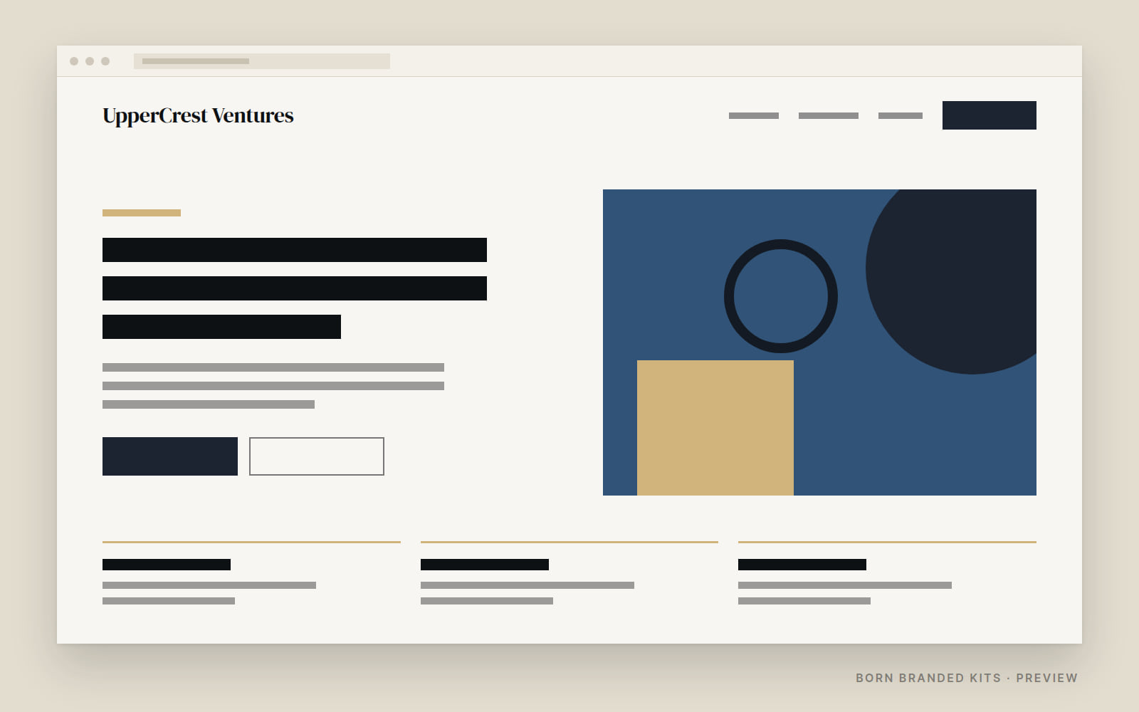 Preview: a one-page website layout in UpperCrest Ventures's colors, with placeholder text