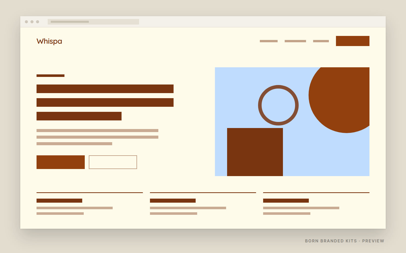 Preview: a one-page website layout in Whispa's colors, with placeholder text