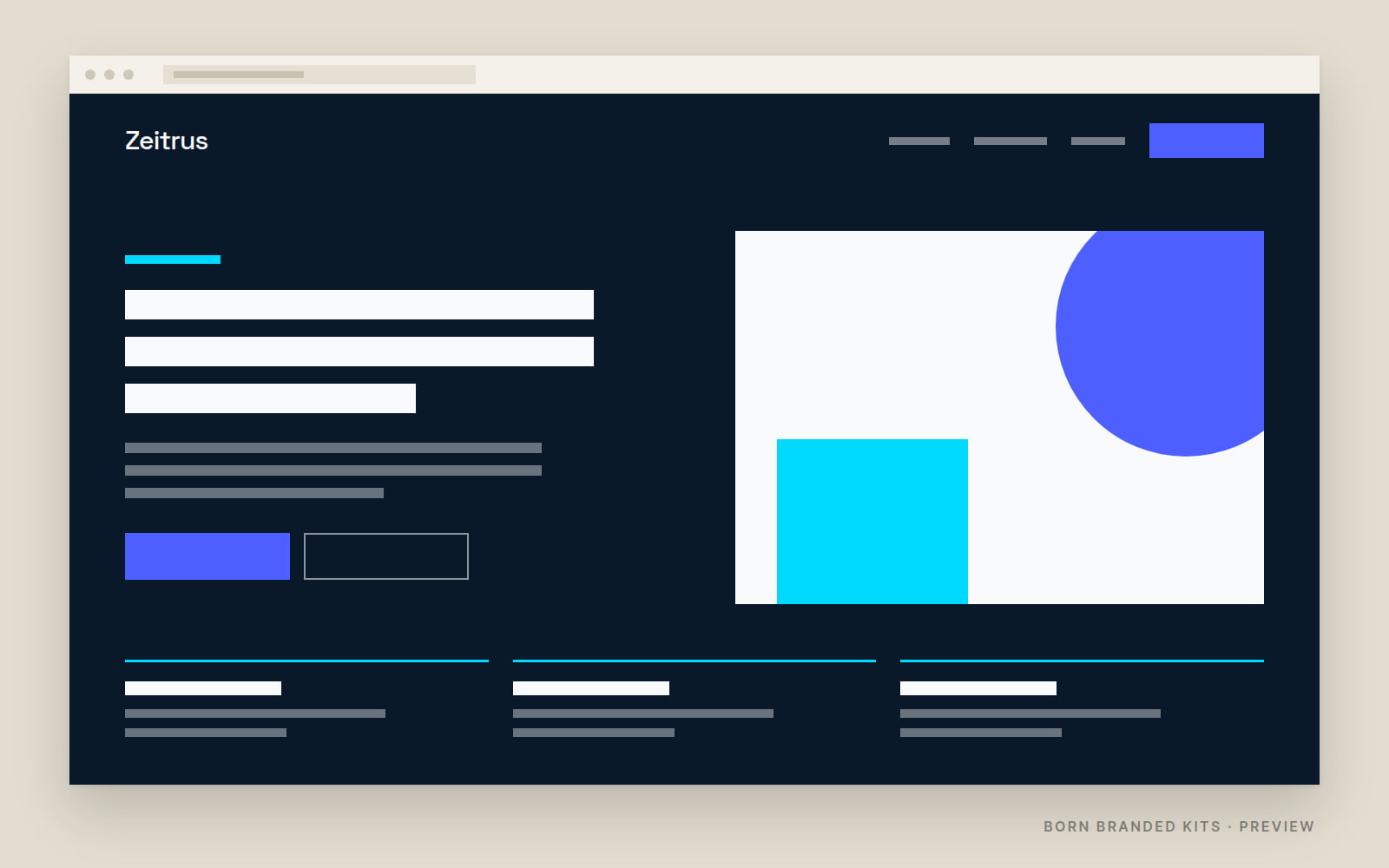 Preview: a one-page website layout in Zeitrus's colors, with placeholder text